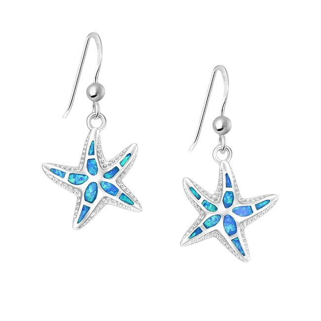 Starfish Sterling Silver & lab-created Blue Opal dangle Earrings