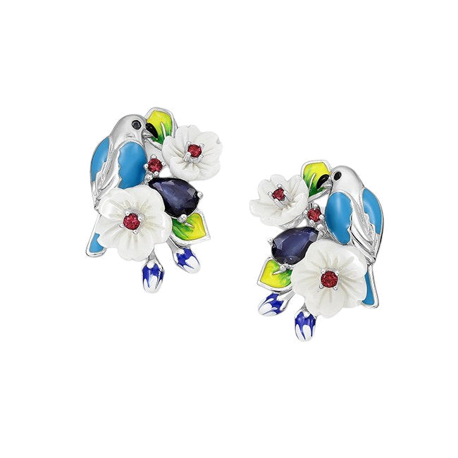 Bluebird Sterling Silver Sapphire Spinel CZ Enamels Omega Lock Earrings