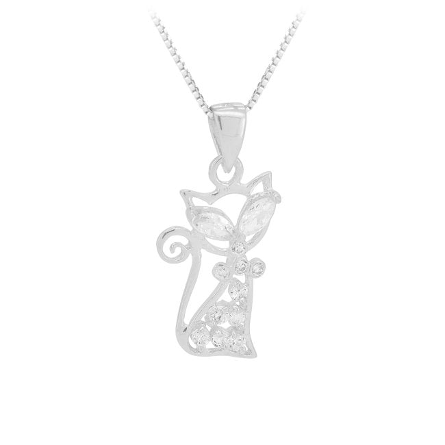 Cat Sterling Silver with White Cubic Zirconia Pendant