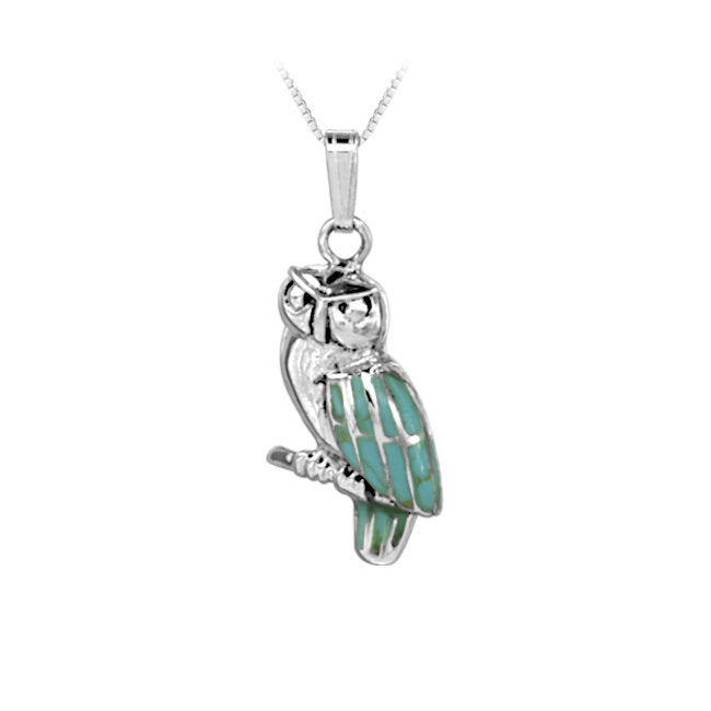 Owl Perching on Branch Pendant in Sterling Silver with Turquoise 