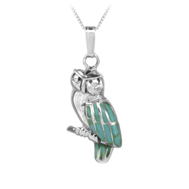 Owl Perching on Branch Pendant in Sterling Silver with Turquoise