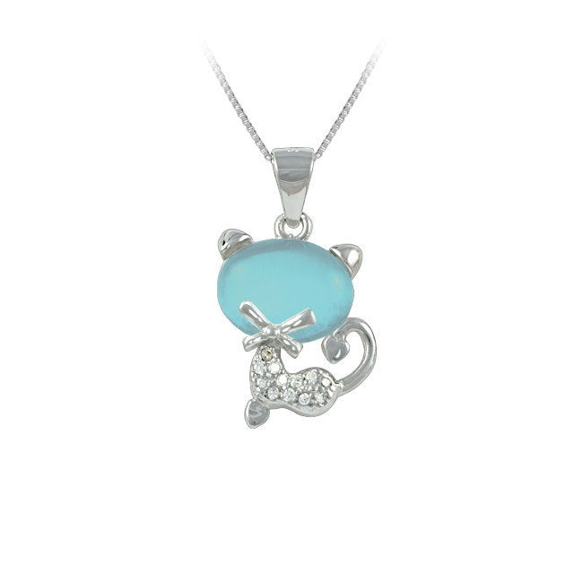 Cat Sterling Silver with Blue Moonstone & Cubic Zirconia Pendant