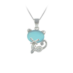 Cat Sterling Silver with Blue Moonstone & Cubic Zirconia Pendant