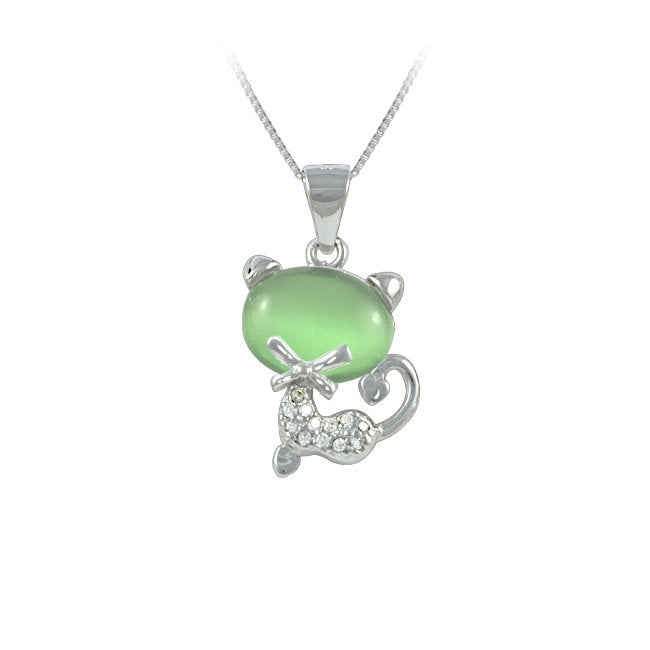 Cat Sterling Silver with Green Moonstone & Cubic Zirconia Pendant