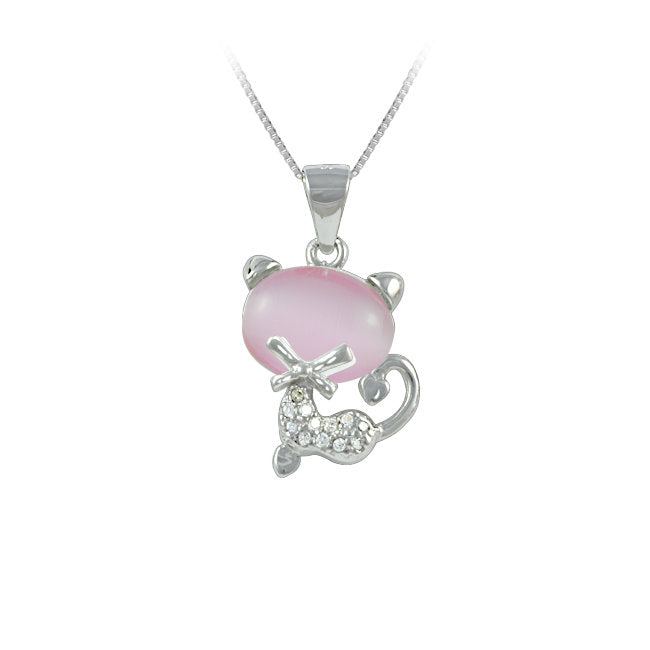 Cat Sterling Silver with Pink Moonstone & Cubic Zirconia Pendant