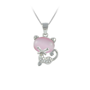 Cat Sterling Silver with Pink Moonstone & Cubic Zirconia Pendant