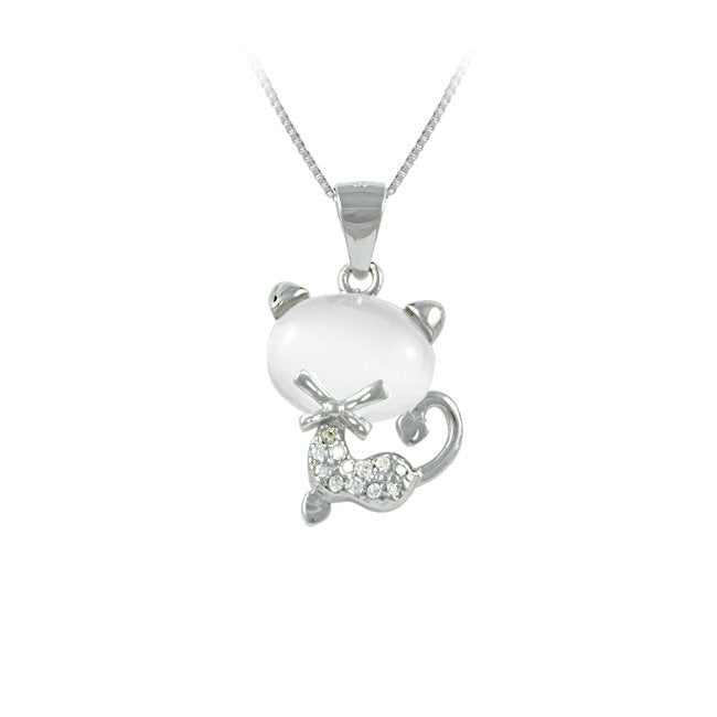 Cat Sterling Silver with White Moonstone & Cubic Zirconia Pendant