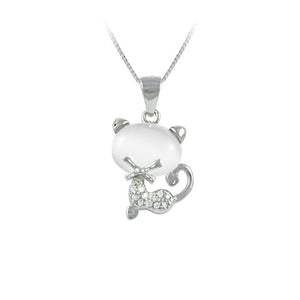 Cat Sterling Silver with White Moonstone & Cubic Zirconia Pendant