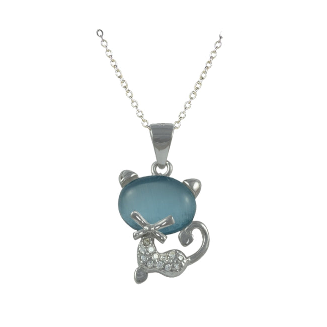 Cat Sterling Silver with Blue Stone & Cubic Zirconia Pendant