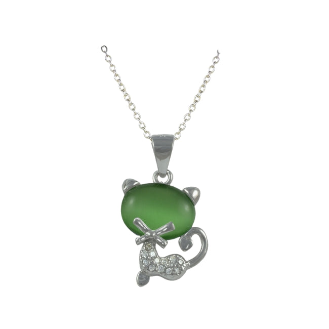 Cat Sterling Silver Pendant with Green Stone & Cubic Zirconia