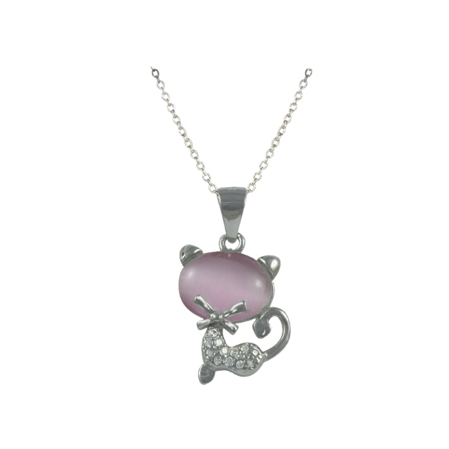 Cat Sterling Silver Pendant with Pink Stone & Cubic Zirconia