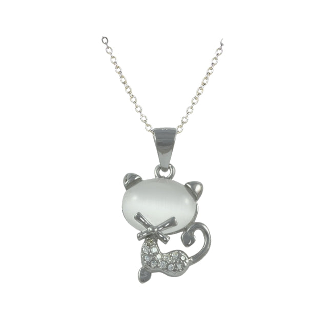 Cat Sterling Silver Pendant with White Stone & Cubic Zirconia