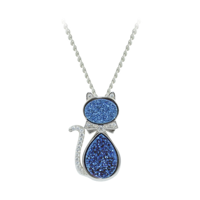 Cat Sterling Silver Pendant with Druzy & Cubic Zirconia