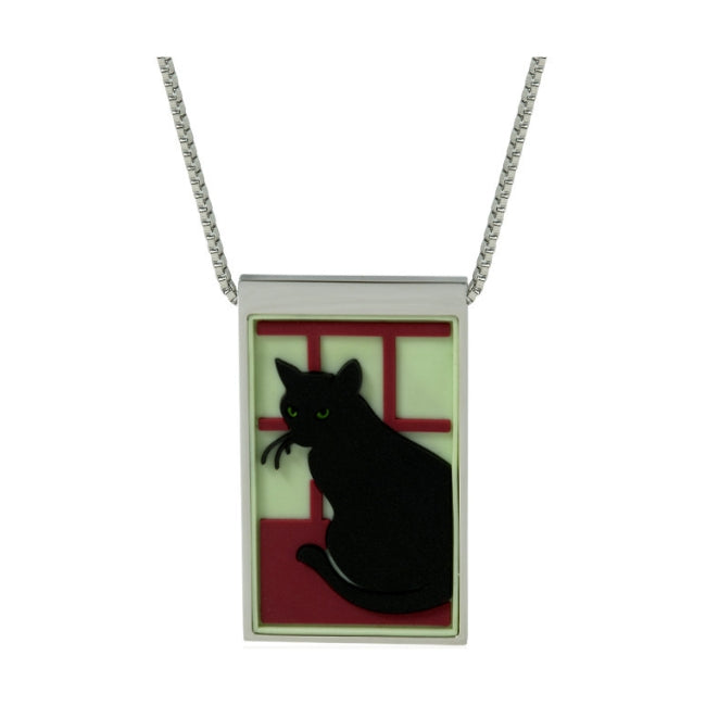 Black Cat in the Window Stainless Steel Pendant with Vinyls