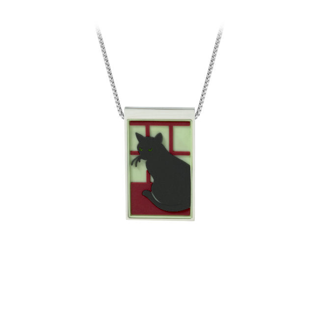 Black Cat in the Window Stainless Steel Pendant with Vinyls