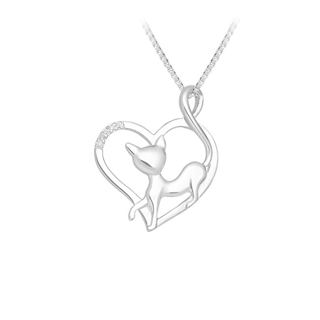 Cat in Heart Sterling Silver with Cubic Zirconia Pendant
