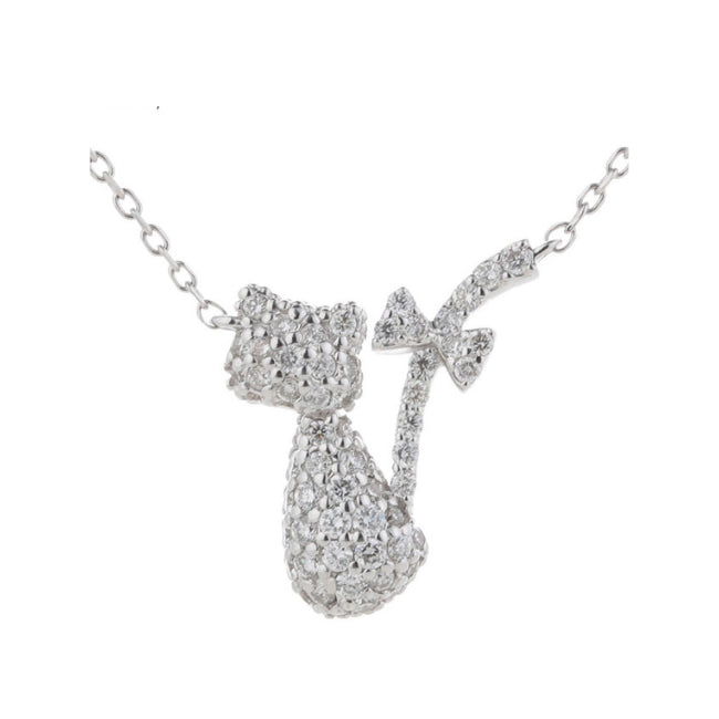 Cat with bow tail Sterling Silver Necklace with Cubic Zirconia