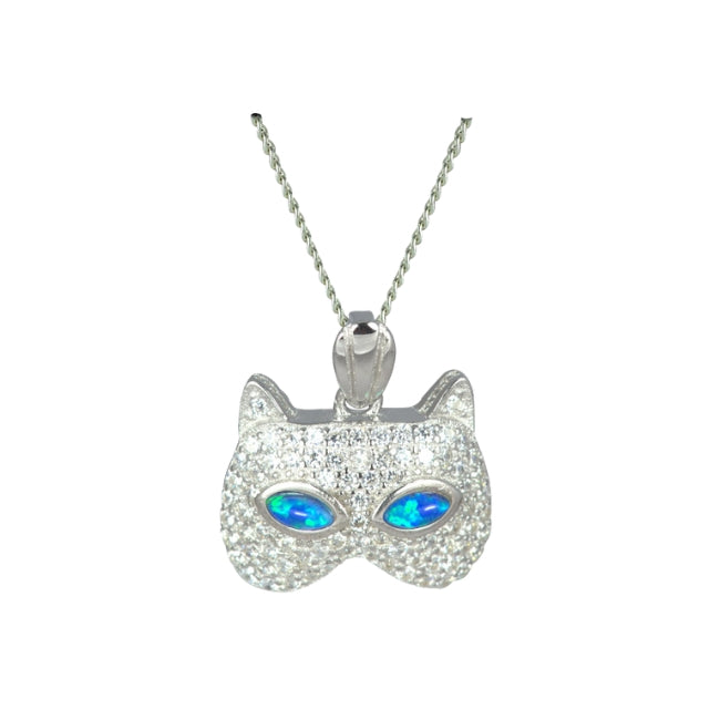 Cat Sterling Silver Pendant with Blue Lab-Created Opal & Cubic Zirconia