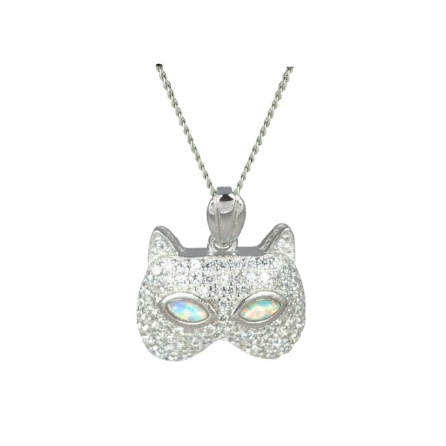 Cat Face Sterling Silver with White lab-created Opal & Cubic Zirconia Pendant 