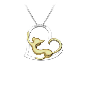 Stretching Cat in Heart Sterling Silver Pendant with 18k Gold accents & Cubic Zirconia