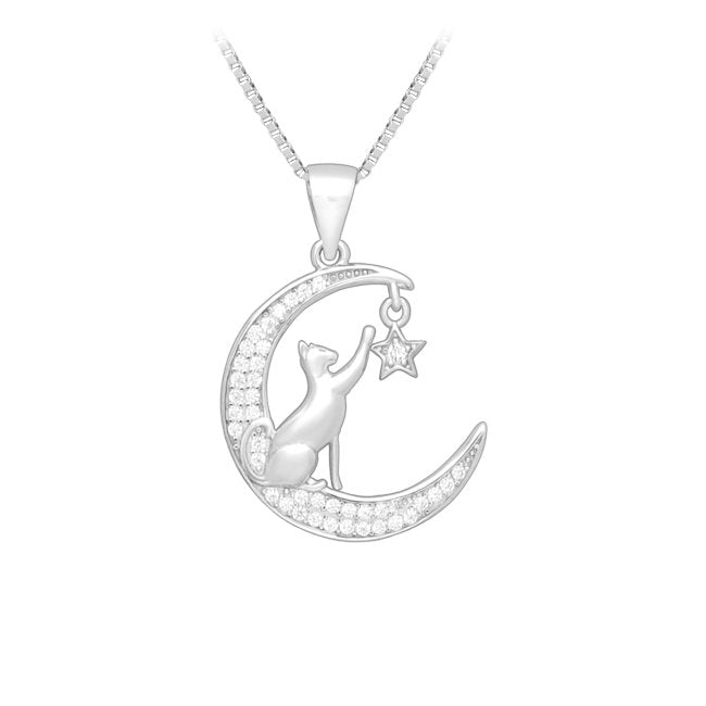 Cat Moon and Star Sterling Silver Pendant with Cubic Zirconia