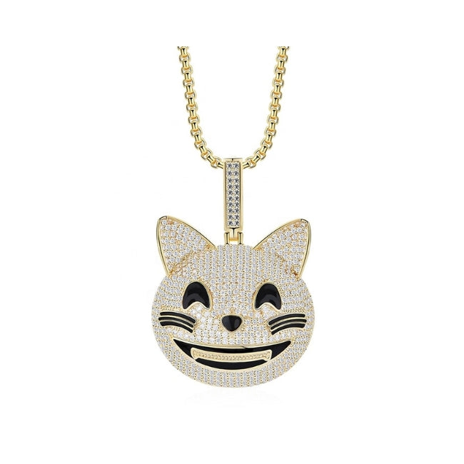 Cat Smiling Sterling Silver Pendant with Gold & Cubic Zirconia