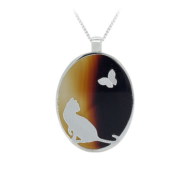 Cat & Butterfly Sterling Silver Pendant with Agate