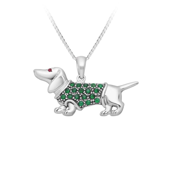 Dachshund Sterling Silver Pendant with Green Cubic Zirconia