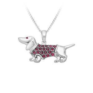 Dachshund Sterling Silver Pendant with Violet Red Cubic Zirconia