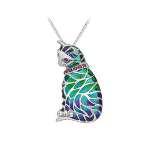 Cat Sterling Silver Pendant - Pin combo with Ruby & Enamel
