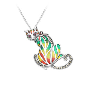 Cat Sterling Silver Pendant - Pin combo with Ruby, Marcasite & Enamel