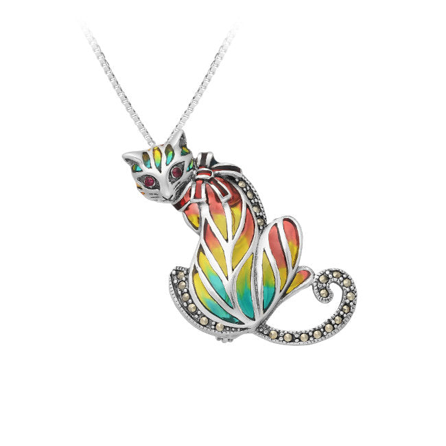Cat Sterling Silver with Ruby, Marcasite & Enamels Pendant - Pin combo