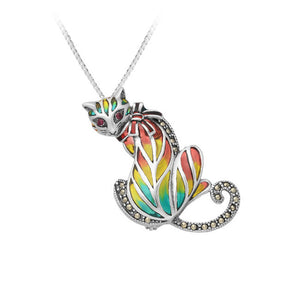 Cat Sterling Silver Pendant - Pin combo with Ruby, Marcasite & Enamel