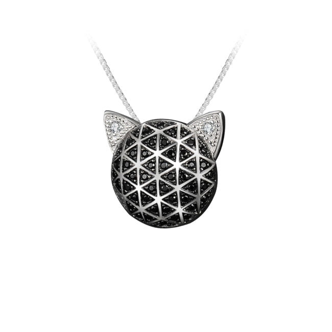 Cat Sterling Silver with Black Spinel and Cubic Zirconia Pendant