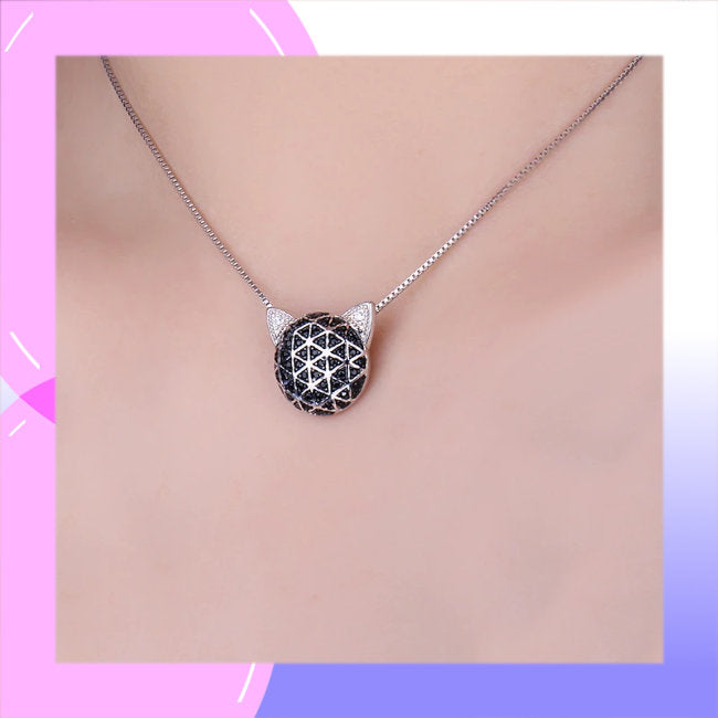 Cat Sterling Silver with Black Spinel and Cubic Zirconia Pendant modelled