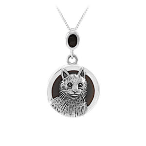 Cat Sterling Silver and Obsidian Pendant