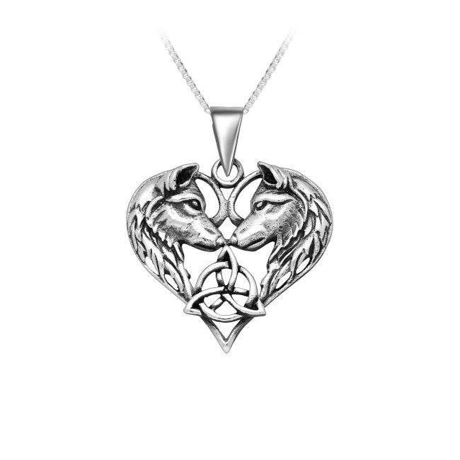Wolf Pair with Celtic Knotwork Sterling Silver Pendant
