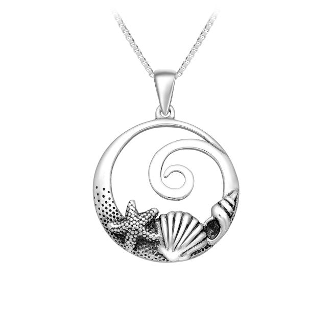 Starfish, Shells & Wave Sterling Silver Pendant