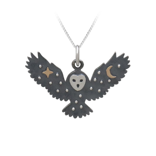 Owl Sterling Silver with Bronze Star & Moon Charm Pendant