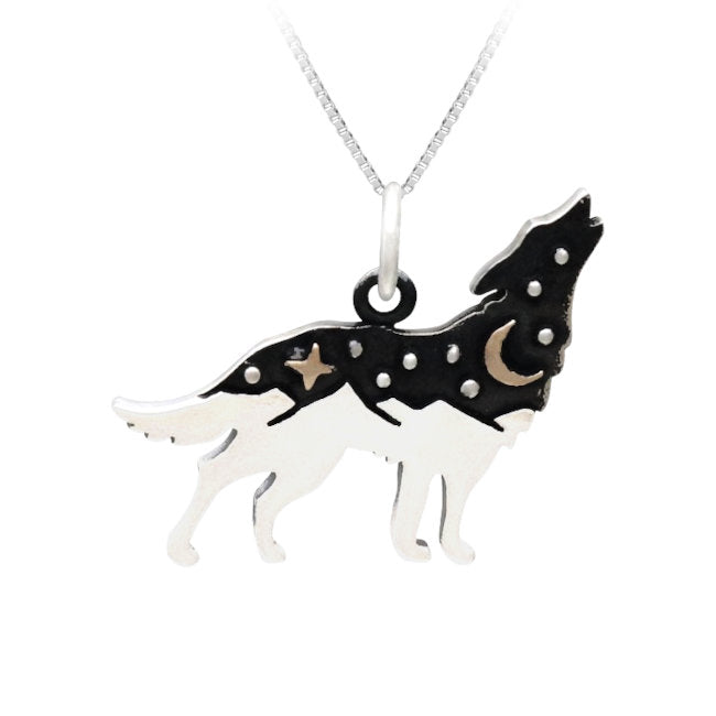 Wolf Sterling Silver Pendant with Bronze Star & Moon