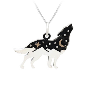 Wolf Sterling Silver Pendant with Bronze Star & Moon