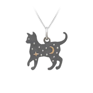 Black Cat Moon & Stars Sterling Silver Pendant with Oxidised Accents