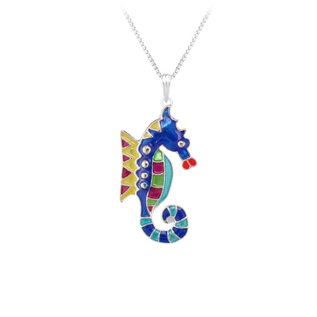 Seahorse Sterling Silver plated Pendant with hand-painted colourful Enamels