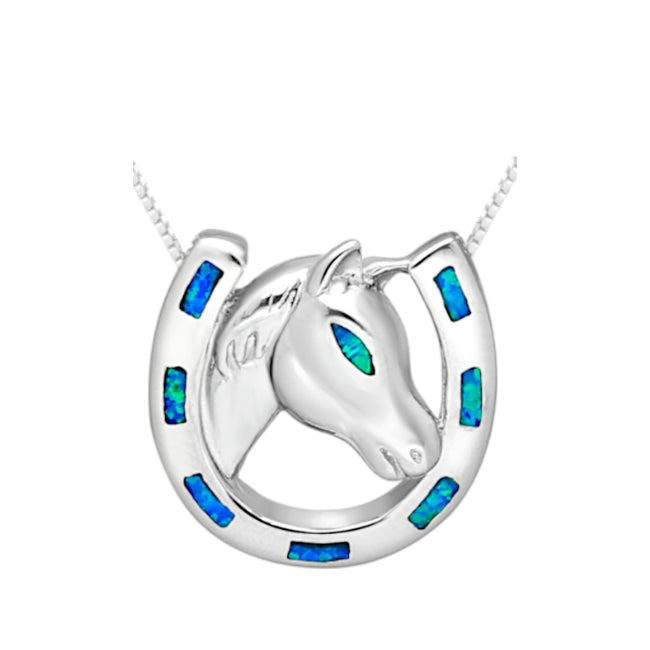 Horseshoe & Horse Sterling Silver Pendant with Lab-Created Blue Opal