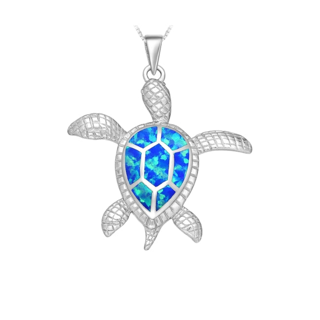 Turtle lab-grown Blue Opal & Sterling Silver Pendant