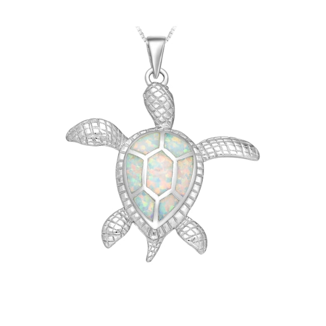 Turtle Sterling Silver Pendant with Lab-Created White Opal