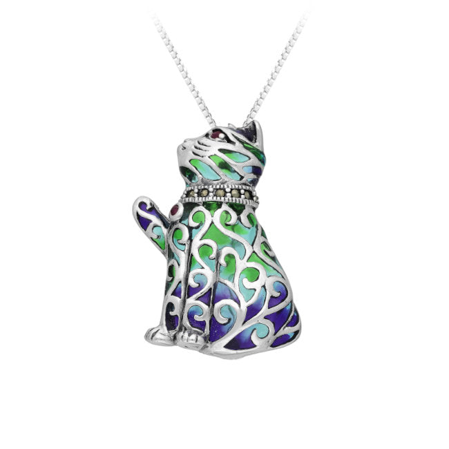 Cat Sterling Silver Pendant - Pin combo with Ruby, Marcasite & Enamels