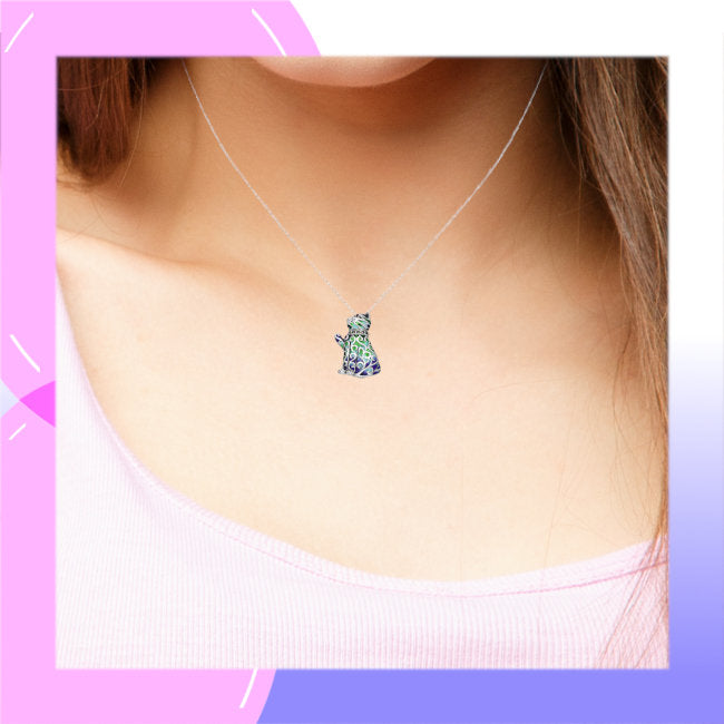 Cat Sterling Silver Pendant - Pin combo with Ruby, Marcasite & Enamels pendant modelled