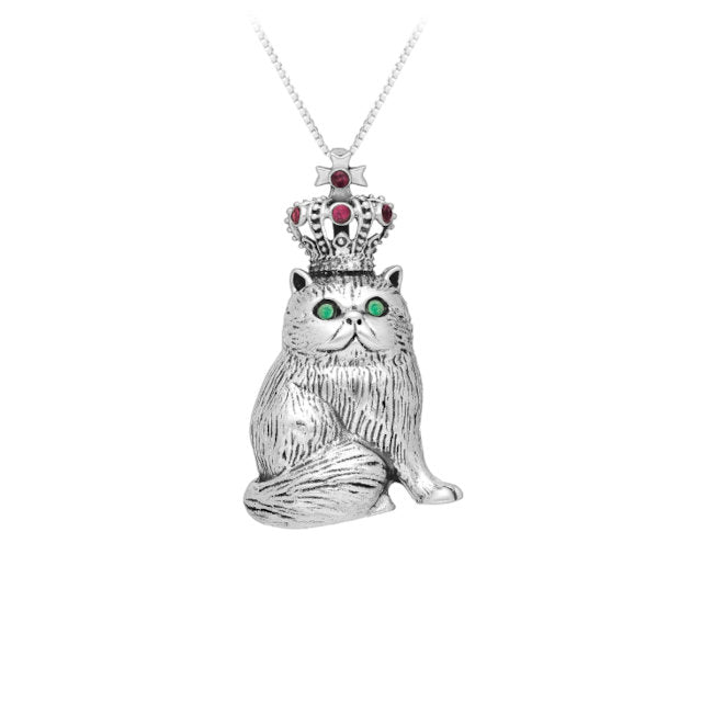 Cat with Crown Sterling Silver Pendant with Emerald & Ruby