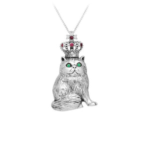 Cat with Crown Sterling Silver Pendant with Emerald & Ruby